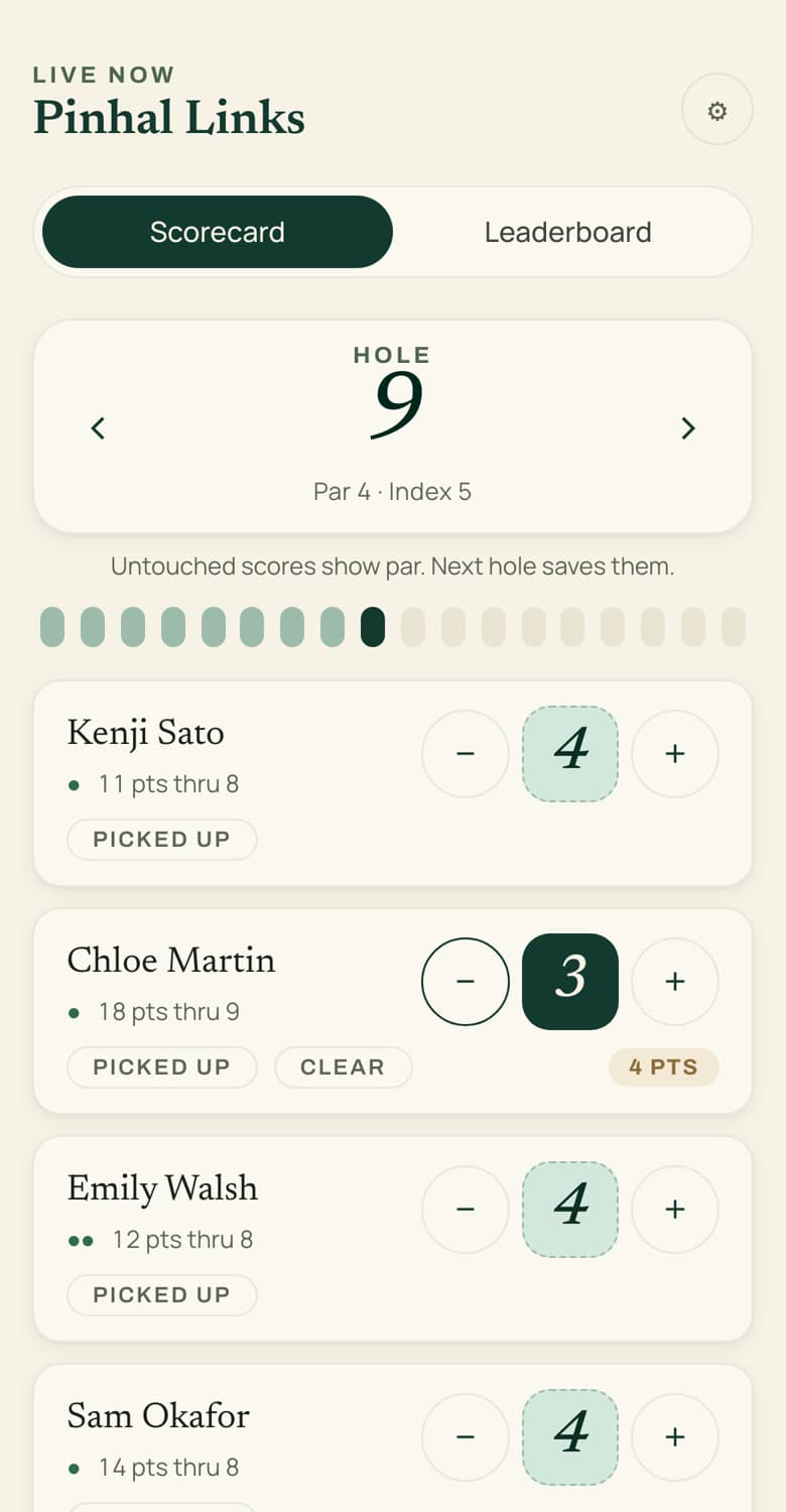 A guest scoring their group's card from a link on a phone, with no account