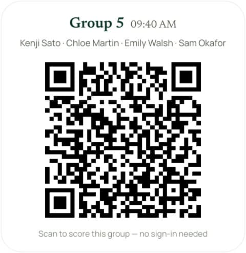 A printed QR scoring card for one playing group: scan to score this group, no sign-in needed