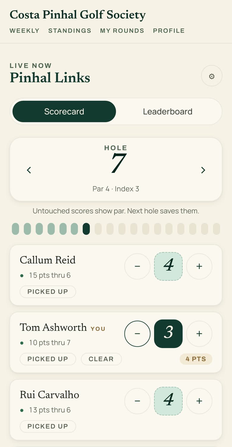 The Flagstick live scorer on a phone: hole 7, a birdie entered for one player in the fourball, worth 4 Stableford points